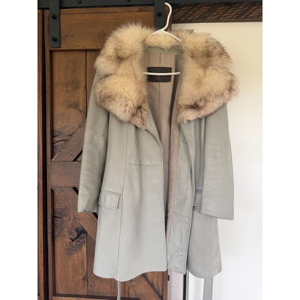 Vintage Gray Genuine Leather Coat Real Fur Collar Belted Women’s Long Jacket